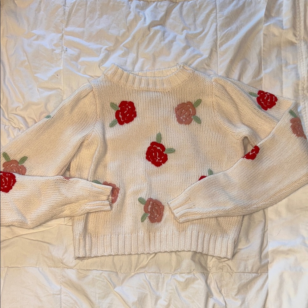 Jessica Simpson Cream Sweater with Red Floral Design